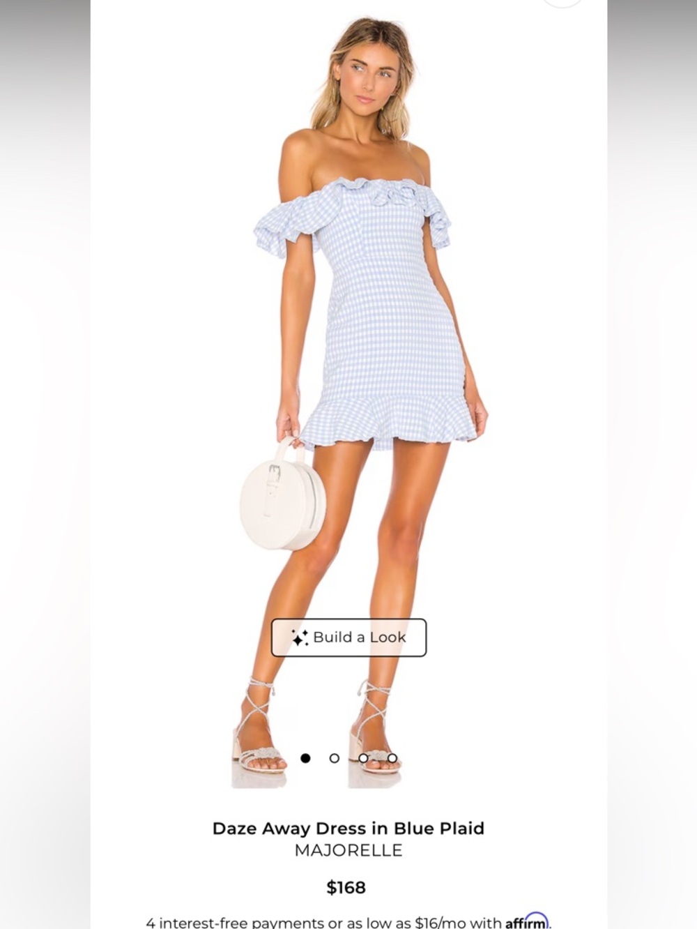 MAJORELLE Blue and White Gingham Off-Shoulder Mini Dress